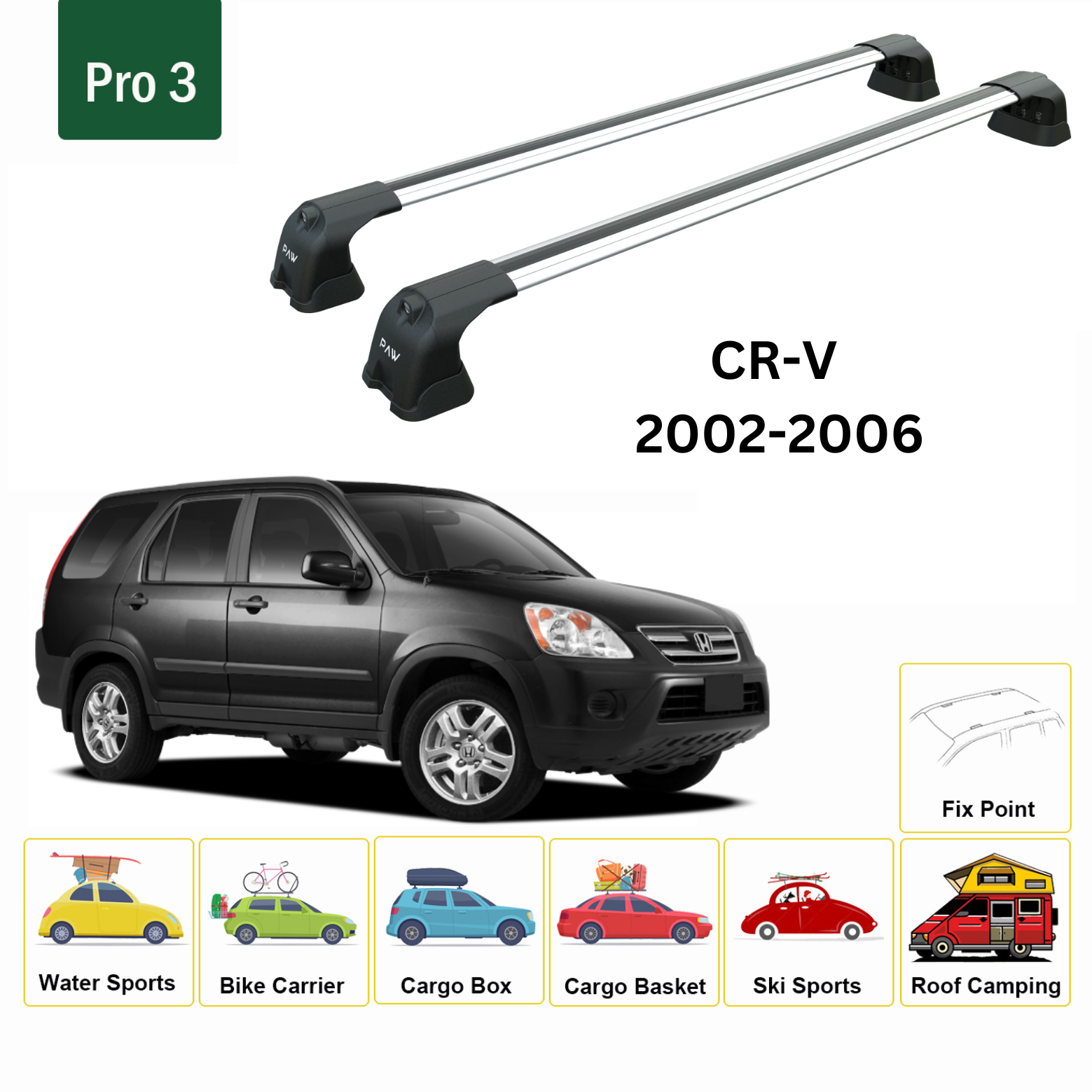 For Honda CR-V MK2 Roof Rack Cross Bars Metal Bracket Fix Point Alu Silver 2002-06 For Honda CR-V MK2 Roof Rack Cross Bars Metal Bracket Fix Point Alu Silver 2002-06